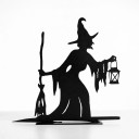 Decoração suspensa de Halloween para porta Bruxa com vassoura e lanterna 28 x 26,5 cm Ferro Preto Placa metálica Decoração de entrada e portas 1