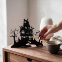 Decoração suspensa de Halloween para portas Casa Assombrada com árvores e cemitério Largura 30 cm Silhueta preta Placa decorativa Decoração de entrada 6