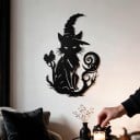 Decoración de Halloween para puerta o pared Gato con sombrero de bruja Altura 30 cm Silueta metálica Hierro Negro Decoración de entrada y hogar 6