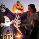 Decoración inflable de Halloween Cabeza de calabaza con fantasma y lápida Altura 2,4 m Con iluminación Enchufe EU Naranja y negro Para el jardín 5