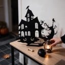 Décoration d'Halloween pour porte Maison hantée avec citrouilles et arbre Silhouette en métal Fer Noir Panneau décoratif Décoration d'entrée 6