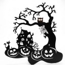Décoration suspendue d'Halloween pour porte Maison hantée avec citrouilles et arbre 28 x 30 cm Silhouette noire Panneau décoratif Décoration d'entrée 5