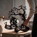 Décoration suspendue d'Halloween pour porte Maison hantée avec citrouilles et arbre 28 x 30 cm Silhouette noire Panneau décoratif Décoration d'entrée 6