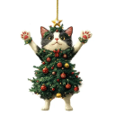 Decorațiune de Crăciun din acril, pisică cu corp de brad, 6 x 8 cm, decorațiune suspendată 2D pentru brad, decor interior de Crăciun 4