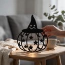 Decorațiune de Halloween pentru ușă sau perete Dovleac cu pălărie de vrăjitor 25 x 30 cm Siluetă plată 2D Neagră Stele și luni Decorațiune interioară 4