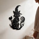 Decorațiune de Halloween pentru ușă sau perete Pisică cu pălărie de vrăjitor Înălțime 30 cm Siluetă metalică Fier Negru Decorațiune pentru intrare 2