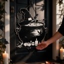 Decorațiune de Halloween pentru uși, Căldare de vrăjitoare cu pălărie 25 x 30 cm, Siluetă plată 2D, Neagră, Placă decorativă, Decorațiune de intrare 6