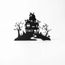 Decorațiune suspendată de Halloween pentru uși Casa înfricoșătoare cu copaci și cimitir Lățime 30 cm Siluetă neagră Placă decorativă Decorațiune 1