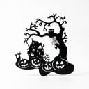 Decorațiune suspendată de Halloween pentru uși Casa înfricoșătoare cu dovleci și copac 28 x 30 cm Siluetă neagră Placă decorativă Decorațiune 1