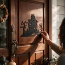 Decorazione appesa per porte di Halloween Casa Infestata con alberi e cimitero Larghezza 30 cm Silhouette nera Insegna decorativa Decorazione 2