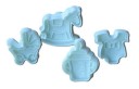 Decupatoare 3D pentru marțipan și turtă dulce cu motive pentru copii: cărucior, body, sticluță și cal de lemn. Set din plastic 4 bucăți. Dimensiune 1