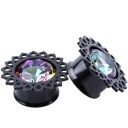 Dekoreret øreplug med facetteret sten Akryl smykke til udvidet øreflipper Sort spidsekant Regnbuefarvede glimt Pakke med 2 stk. 3