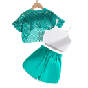 Detský letný set biele tielko s tenkými ramienkami Brooklyn zelené šortky na gumu Dierkovaný crop top pohodlné oblečenie na leto 2