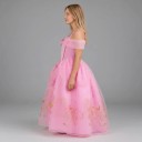 Dětský převlek princezna Dlouhé růžové šaty se zlatým potiskem růží a hvězdiček Volány přes ramena Polyester a síťovina Na karneval 4