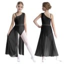 Dievčenský dlhý tanečný dres na jedno rameno s kamienkami a sieťovanou maxi sukňou, materiál nylon, polyester a elastan, na vystúpenie 7