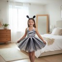 Dievčenský kostým zebry Šaty s tutu sukňou a pruhovaným vzorom Čelenka s ušami Ocások Satén a čipka Čierna a biela Na karneval 6