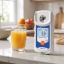 Digitálny refraktometer na meranie cukru 0–38 % Brix s ATC, LCD displej, kovová meracia jamka, bielo-modrý, pre ovocie, šťavy a nápoje 5