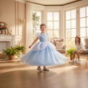 Disfarce de princesa para crianças Vestido longo com rendas e mangas bufantes Poliéster e tule Azul claro e branco Para carnaval e festa 10