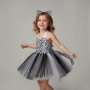 Disfraz de niña de gato Vestido con falda de tul y patrón manchado Diadema con orejas de gato Cola Satén y encaje Negro blanco y gris 2