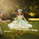 Disfraz de princesa para niña con set de accesorios Vestido con pétalos y rosa Corona y varita Guantes y joyas Algodón y poliéster Verde y amarillo 9