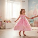 Disfraz de princesa para niña Vestido largo rosa con estampado dorado de rosas y estrellitas Volantes sobre los hombros Poliéster 2
