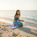 Disfraz de sirena para niña Conjunto de dos piezas Top con escamas y falda con aleta Poliéster y tul Azul y verde Para carnaval y fiesta 4