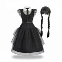 Disfraz infantil vestido negro con cuello y falda con capas Peluca con flequillo y trenzas Cinturón Poliéster Negro Para Halloween y carnaval 1