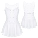 Dívčí baletní šaty bez rukávů s kamínky a sukní, síťovaný dekolt, nylon polyester elastan, taneční trikot pro balet a gymnastiku 4