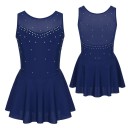 Dívčí baletní šaty bez rukávů s kamínky a sukní, síťovaný dekolt, nylon polyester elastan, taneční trikot pro balet a gymnastiku 5