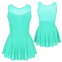 Dívčí baletní šaty bez rukávů s kamínky a sukní, síťovaný dekolt, nylon polyester elastan, taneční trikot pro balet a gymnastiku 7