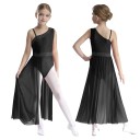 Dívčí dlouhý taneční dres na jedno rameno s kamínky a síťovanou maxi sukní, materiál nylon, polyester a elastan, na vystoupení 7