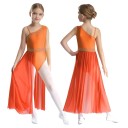 Dívčí dlouhý taneční dres na jedno rameno s kamínky a síťovanou maxi sukní, materiál nylon, polyester a elastan, na vystoupení 3