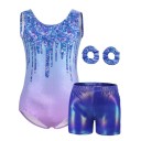Dívčí gymnastická souprava body bez rukávů s motivem stékajících flitrů, kraťasy a 2 gumičky do vlasů, polyester a elastan 2