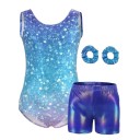 Dívčí gymnastický komplet body s puntíkovým třpytivým potiskem, lesklé kraťasy a 2 gumičky do vlasů, polyester a elastan 1