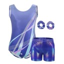 Dívčí gymnastický set body bez rukávů, lesklé kraťasy a 2 scrunchies gumičky, polyester a elastan, na gymnastiku a tanec 2