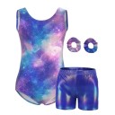 Dívčí gymnastický set body bez rukávů s vesmírným potiskem galaxie, lesklé kraťasy a 2 gumičky do vlasů, polyester a elastan 2