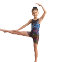 Dívčí gymnastický set černý body s neonovým květinovým potiskem, kraťasy a 2 gumičky do vlasů, polyester a elastan 2