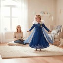 Dívčí kostým ledové princezny Šaty s kapucí a kožíškem Dlouhé rukávy Potisk sněhových vloček Polyester Modrá a bílá Na karneval 6
