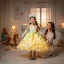 Dívčí svítící kostým princezny Šaty s LED světélky a lístky Čelenka i šperky Návleky na paže Bavlna a polyester Zelená a žlutá 4