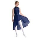 Dívčí taneční dres se stojáčkem, kamínky na živůtku a dlouhou síťovanou sukní, materiál nylon, polyester a elastan, na lyrický tanec 8