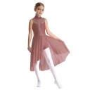 Dívčí taneční dres se stojáčkem, kamínky na živůtku a dlouhou síťovanou sukní, materiál nylon, polyester a elastan, na lyrický tanec 9
