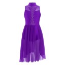 Dívčí taneční dres se stojáčkem, kamínky na živůtku a dlouhou síťovanou sukní, materiál nylon, polyester a elastan, na lyrický tanec 10