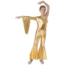 Dívčí taneční overal s asymetrickým ramenem, zvonové nohavice a rukáv, metalický materiál polyester s elastanem, na disco a jevištní vystoupení 10