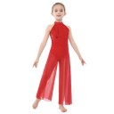 Dívčí taneční overal s krajkovým živůtkem a širokými nohavicemi, jumpsuit s halterkou z nylonu pro lyrický a moderní tanec i vystoupení 4