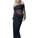 Dlhé elegantné priliehavé šaty s odhalenými ramenami a priehľadnými rukávmi Štýlový riasiaci efekt v páse Formálny večerný outfit 2