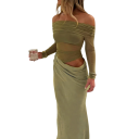 Dlhé elegantné priliehavé šaty s odhalenými ramenami a priehľadnými rukávmi Štýlový riasiaci efekt v páse Formálny večerný outfit 5