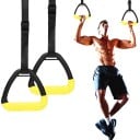 Dreieckige Gymnastikringe 14 x 11 cm Paar mit langen 3 m Gurten und Schnalle schwarz mit gelbem Griffband für Calisthenics und Klimmzüge 5