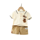 Drenge sæt polo t-shirt med bjørn og beige shorts med elastik og lommer V-hals med krave og knapper 4
