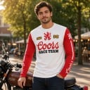 Dres de motocross de manga longa com estampagem de leão heráldico e inscrição no peito e riscas nas mangas para condução de moto 7