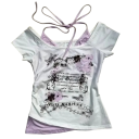 Dubbellaags dames T-shirt met Les Galleries-print. Off-the-shoulder halslijn. Elegante gelaagde top met kantmotief op de voorkant. 2